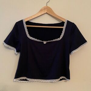 Navy Blue Lace Trim Women's Crop Top